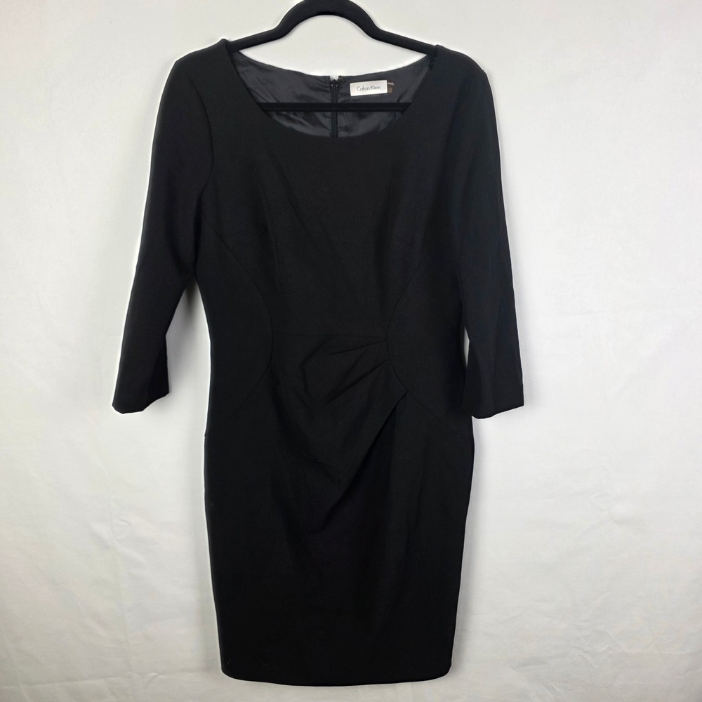 Calvin Klein Womens Black 3/4 Sleeve Pleated Waist Sheath Dress Size 8